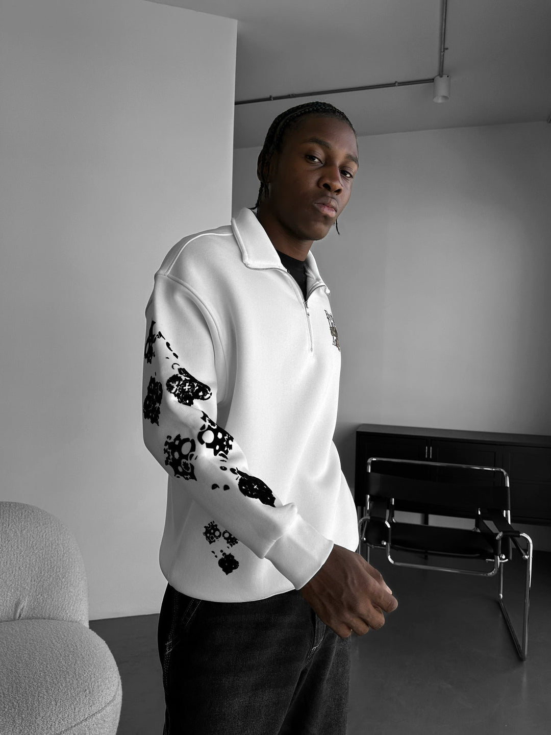 Oversize Halv-Zip Grafisk Sweatshirt - Ecru