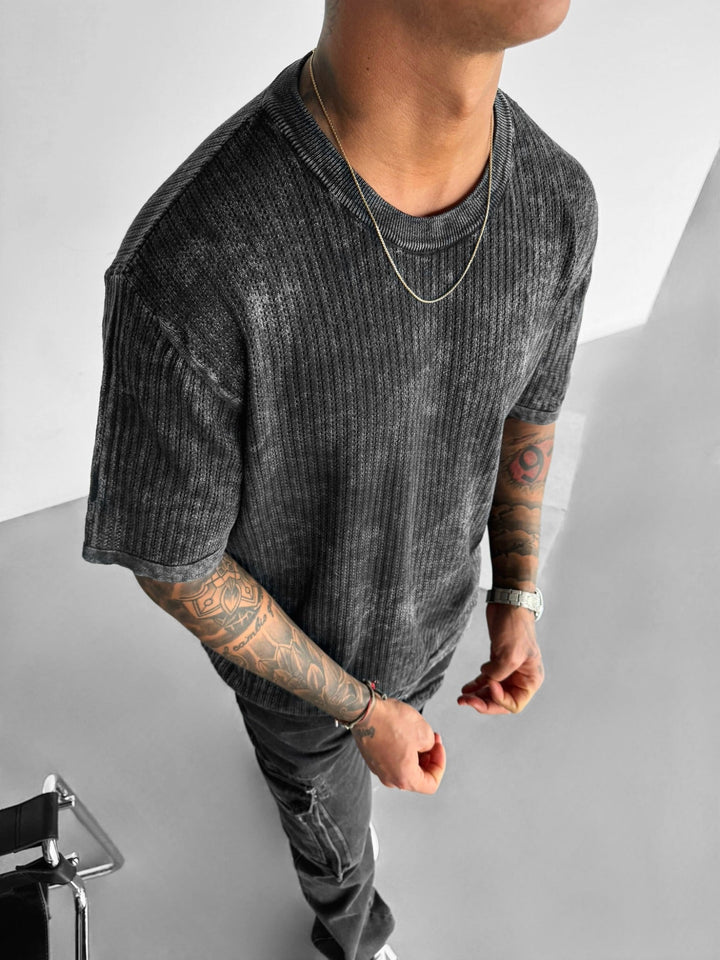 Oversize Stickad Tvättad T-shirt - Svart