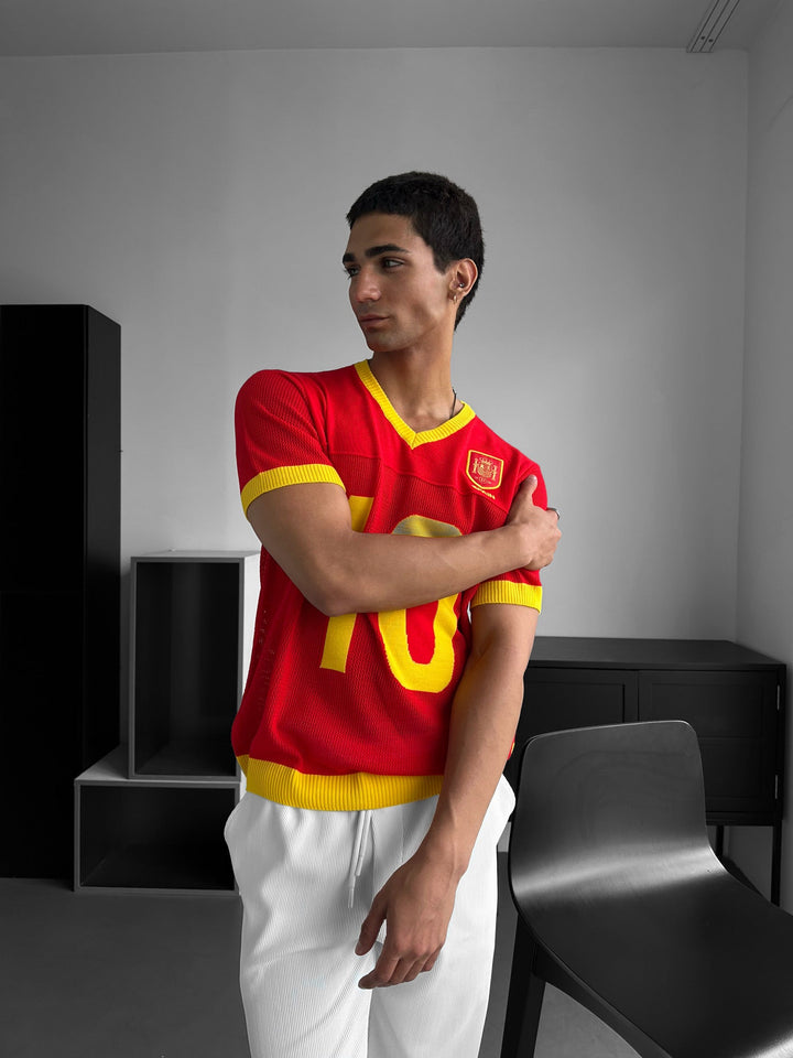 Oversize Spanien Stickad T-shirt - Röd