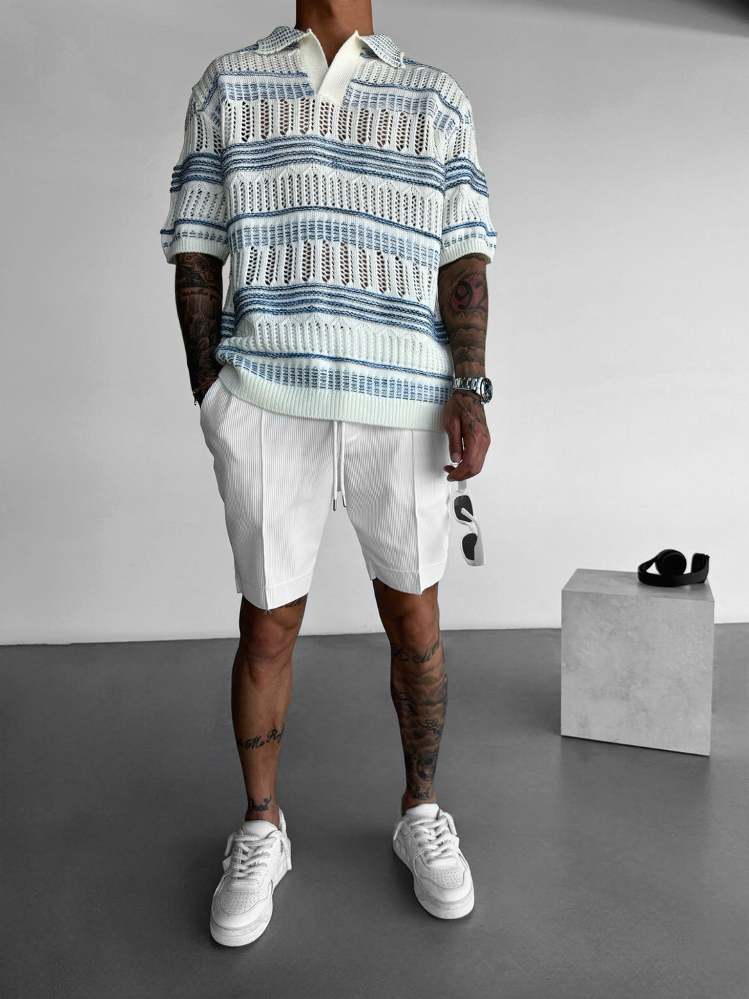 Oversize Stickad Polo T-Shirt - Babyblå