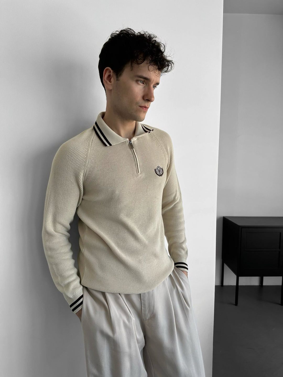 Slim Fit Halvdraget Broderat Polo Tröja - Beige