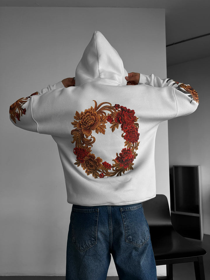 Oversize Krysantemum Hoodie - Vit