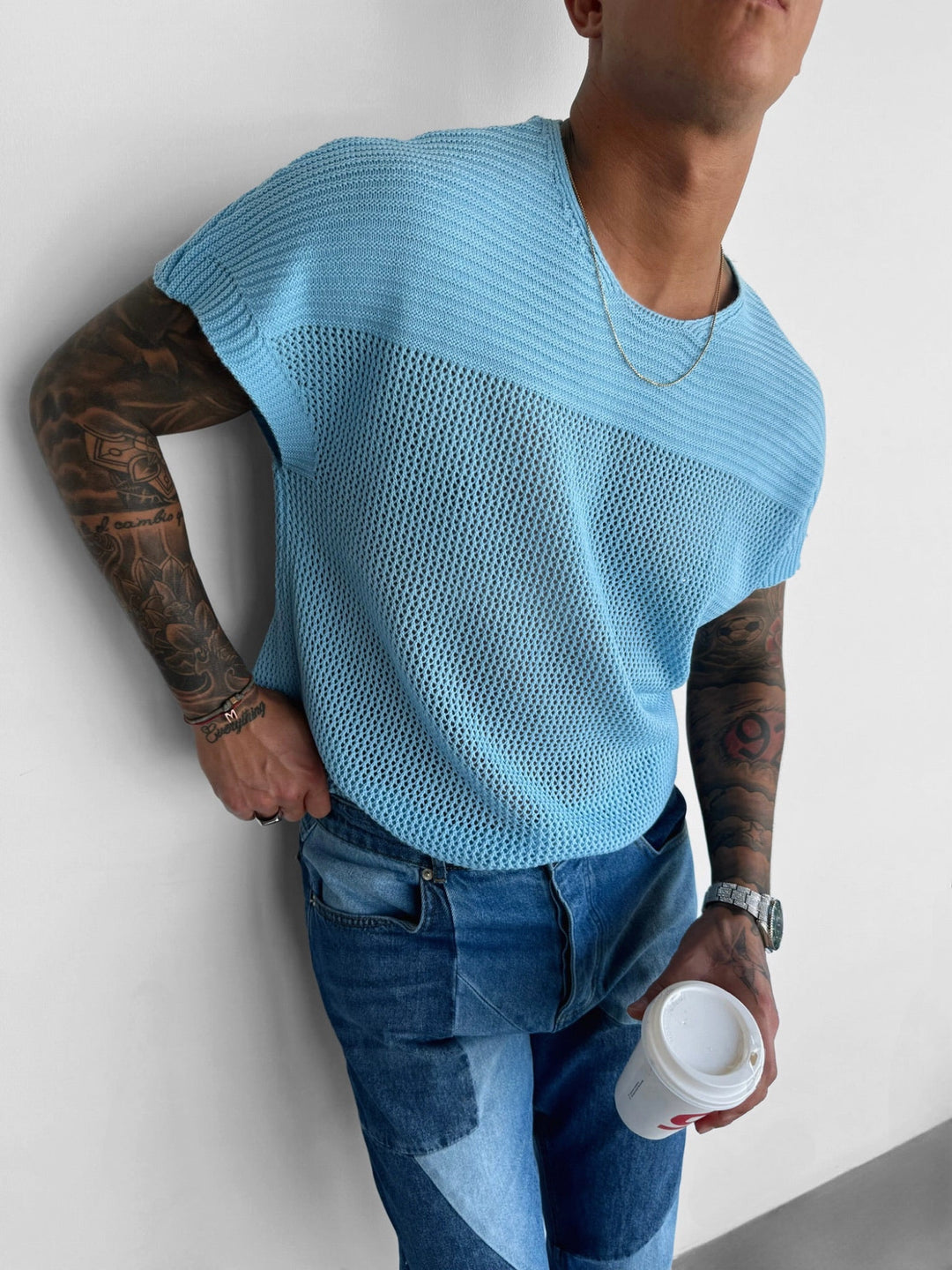 Oversize Texturerad Stickad T-shirt - Babyblå