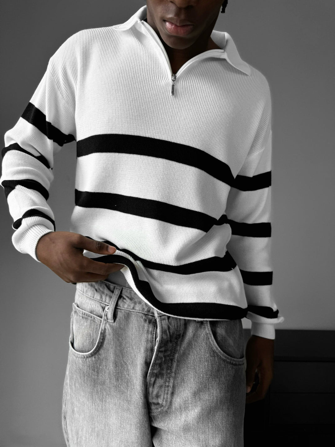 Oversize Stickad Crop Polo Tröja - Ecru