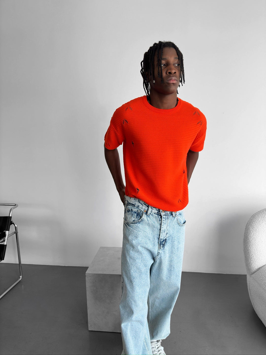 Lös Passform Torn Ribbad T-Shirt - Orange