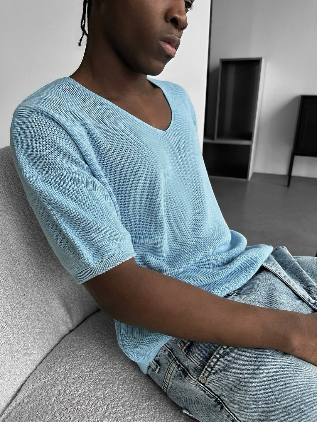 Oversize Lång Stickad T-Shirt - Babyblå
