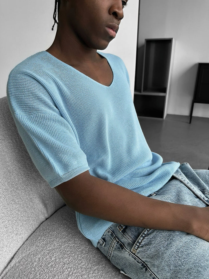 Oversize Lång Stickad T-Shirt - Babyblå