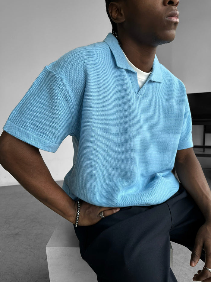Oversize Krage Ribbad Stickad T-Shirt - Babyblå