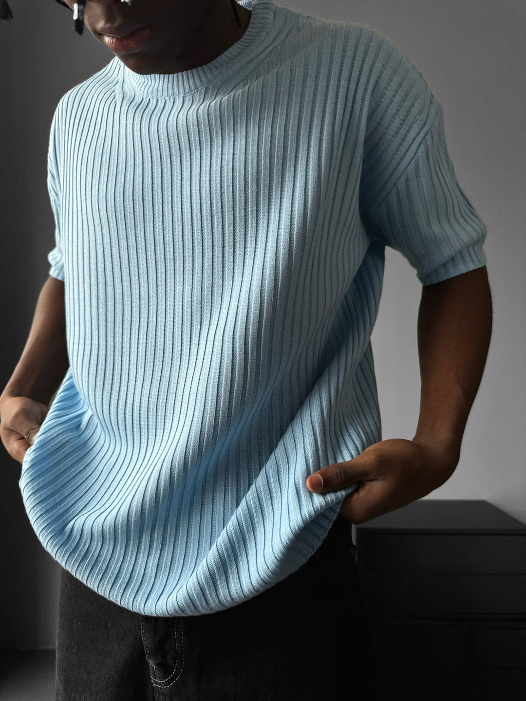 Lös Passform Ribbad Stickad T-Shirt - Babyblå