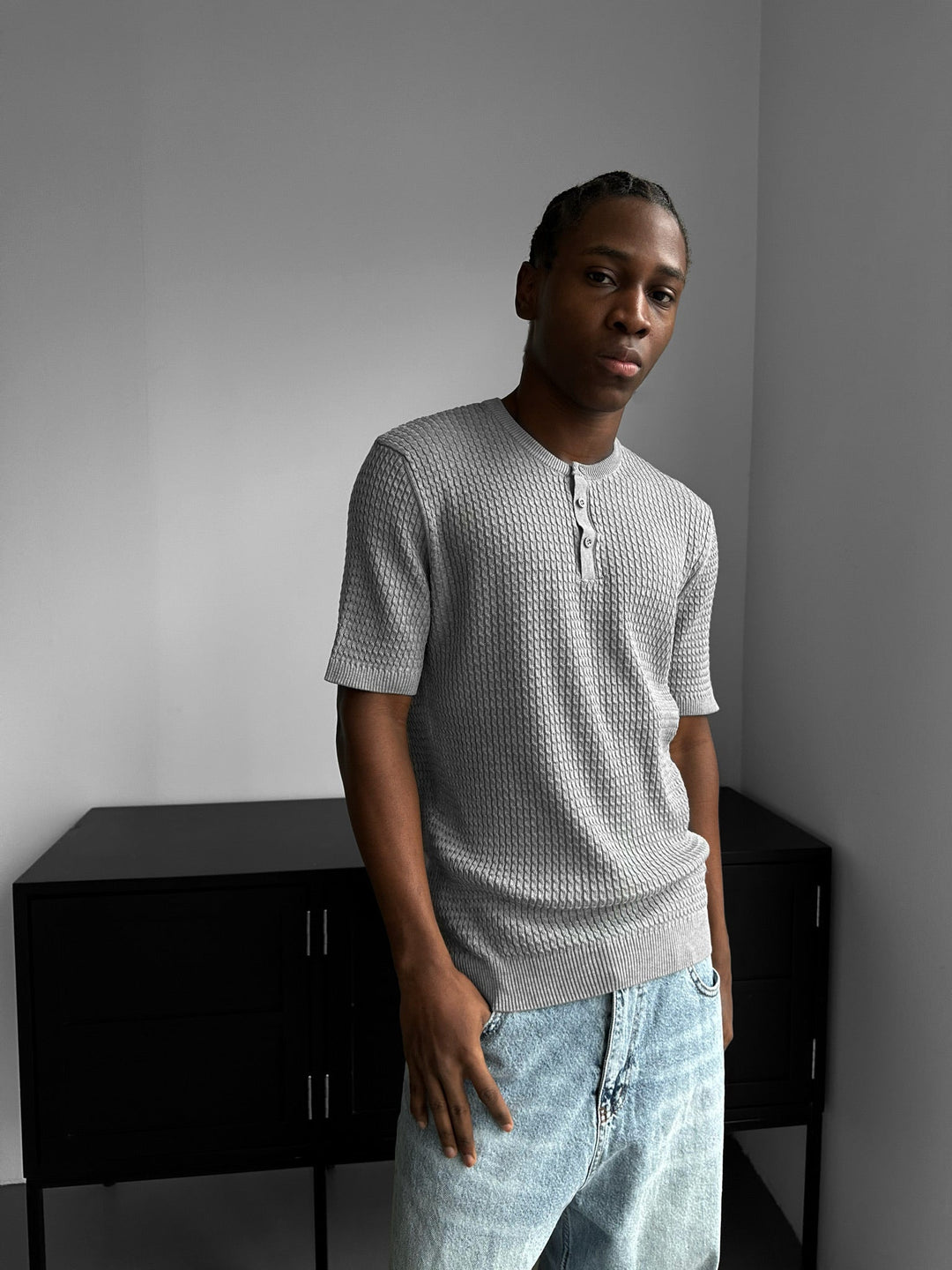 Regular Fit Waffle Button T-shirt - Grå