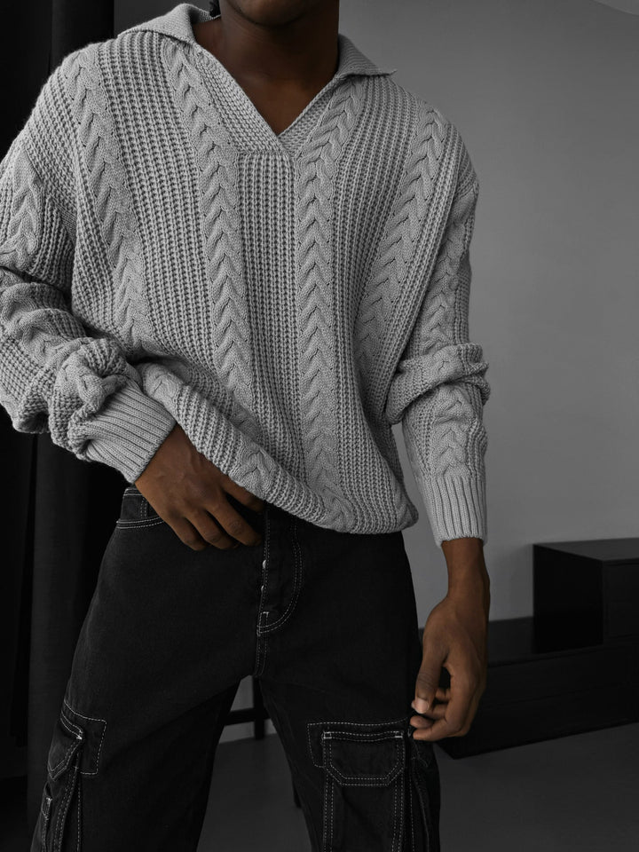 Oversize Flätad Struktur Polo Tröja - Grå