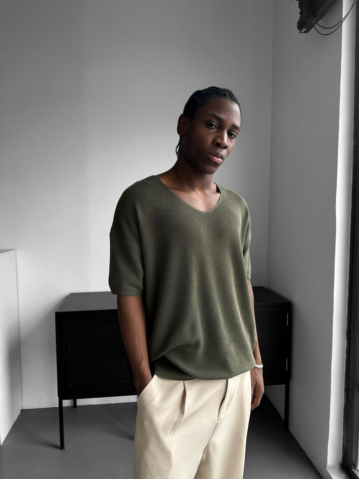 Oversize Lång Stickad T-Shirt - Khaki