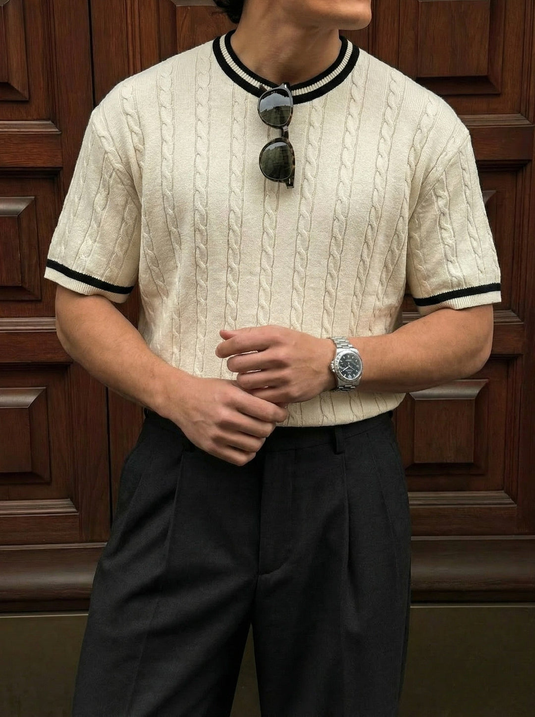 Regular Fit Braid Knit T-shirt - Grädde