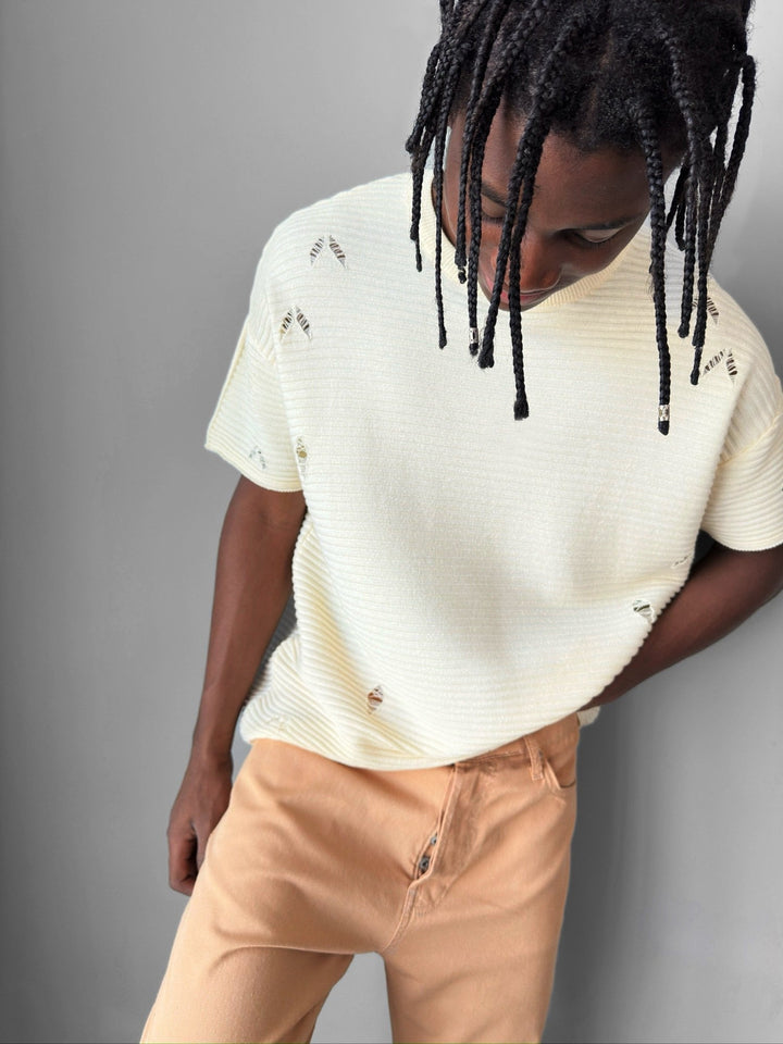 Lös passform trasig ribbad T-shirt - Cremé