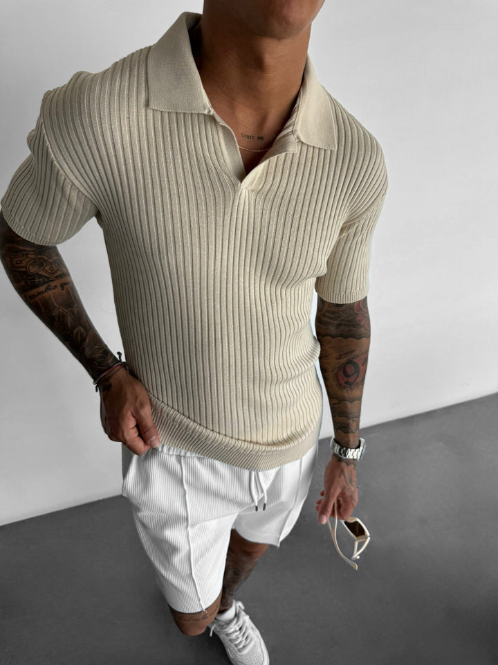 Slim Fit Stickad Polo T-Shirt - Beige