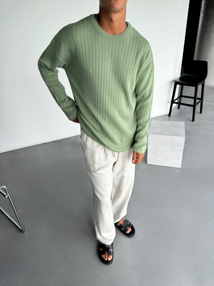Överdimensionerad Bred Ribbad Långärmad Stickad Sweatshirt - Gräs