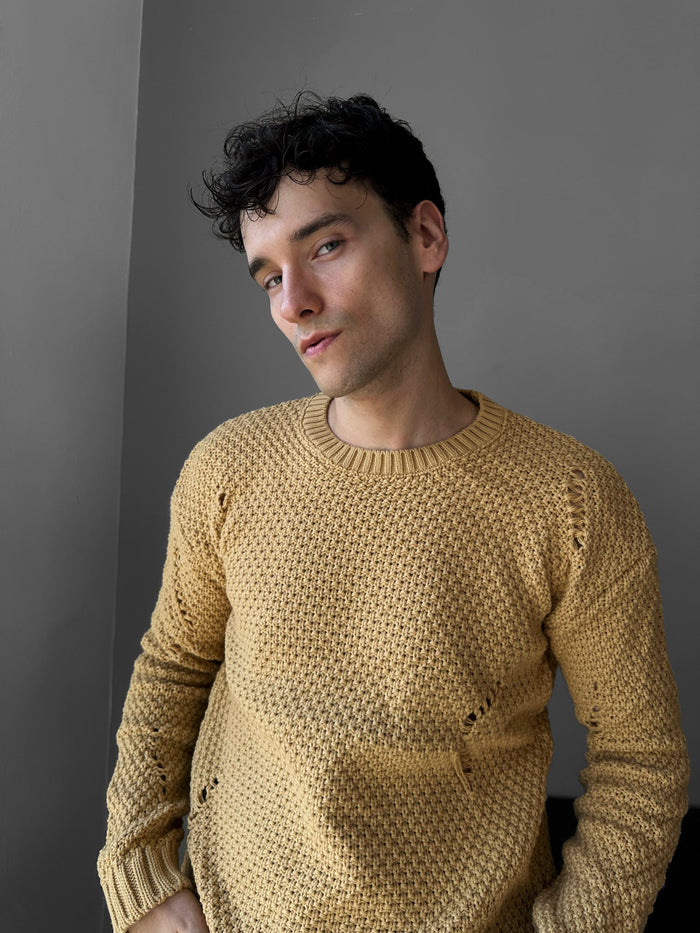 Regular Fit Textured Torn Sweater - Saffran