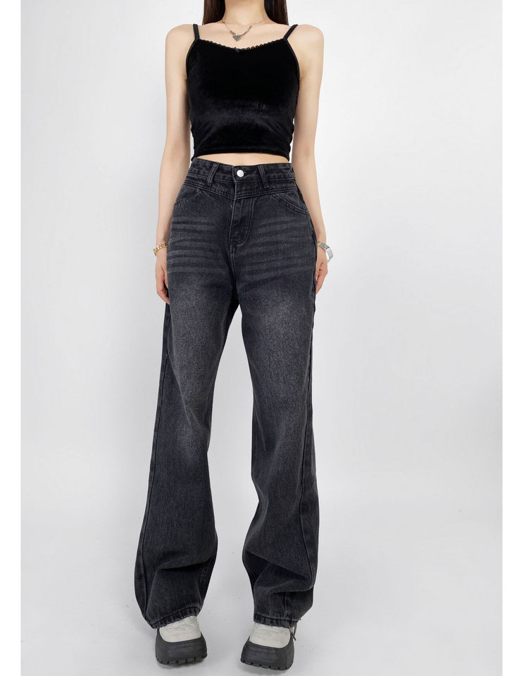 Dammjeans med hög midja, tvättad effekt och vid ben