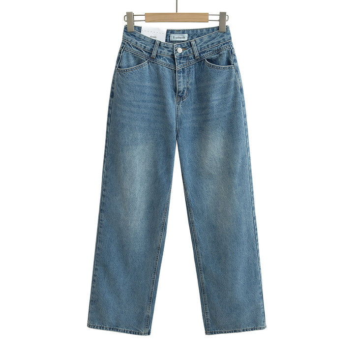 Dammjeans med hög midja, tvättad effekt och vid ben