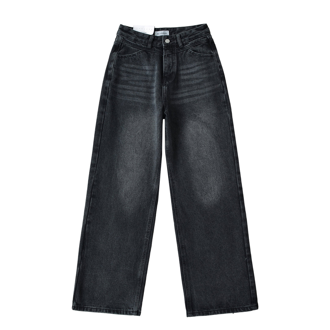 Dammjeans med hög midja, tvättad effekt och vid ben