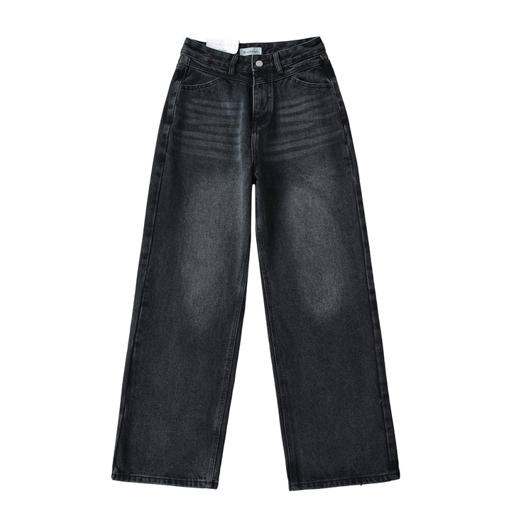 Dammjeans med hög midja, tvättad effekt och vid ben