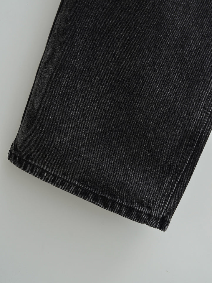 Dammjeans med hög midja, tvättad effekt och vid ben