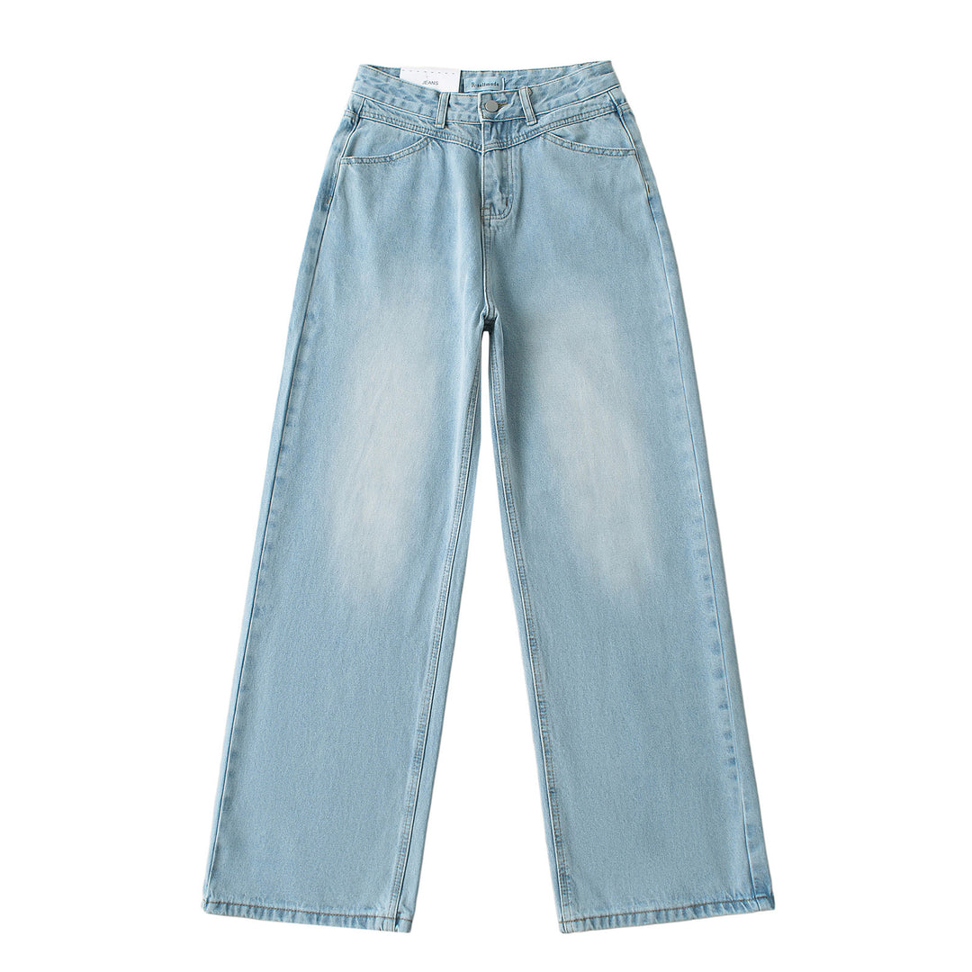 Dammjeans med hög midja, tvättad effekt och vid ben