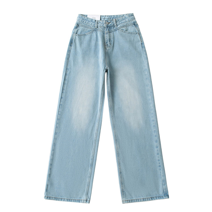Dammjeans med hög midja, tvättad effekt och vid ben