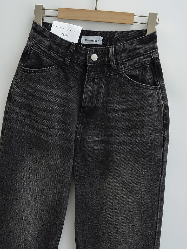 Dammjeans med hög midja, tvättad effekt och vid ben