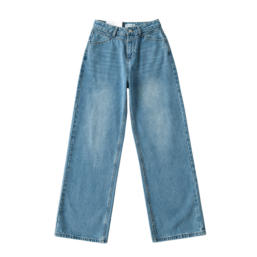 Dammjeans med hög midja, tvättad effekt och vid ben
