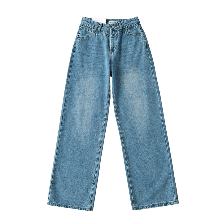 Dammjeans med hög midja, tvättad effekt och vid ben