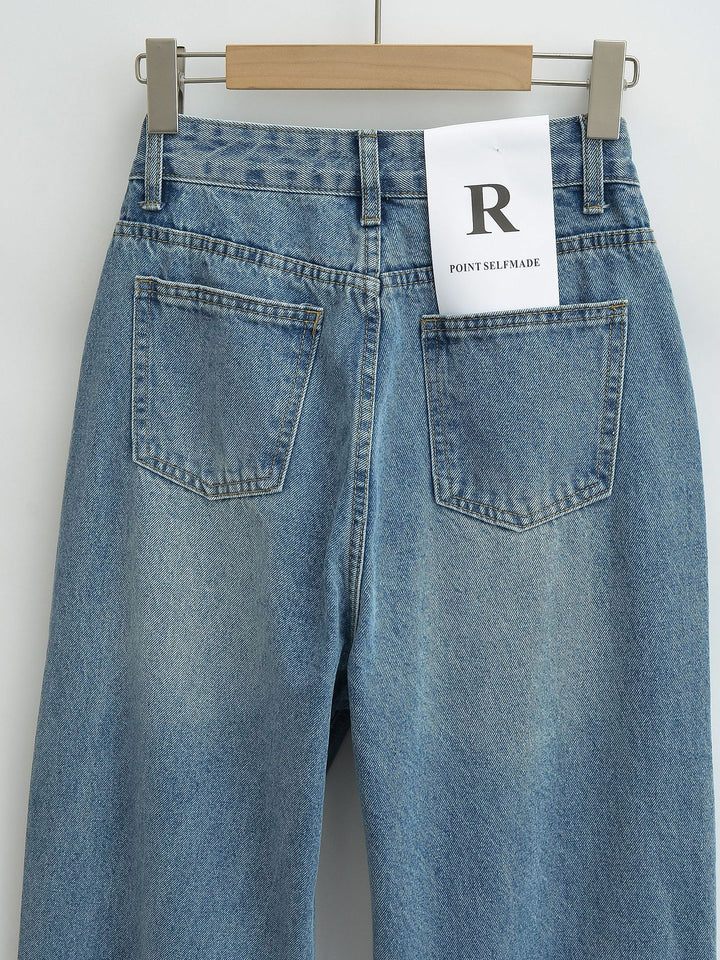 Dammjeans med hög midja, tvättad effekt och vid ben