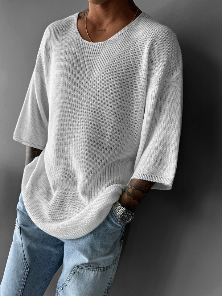 Oversize Lång Stickad T-Shirt - Vit