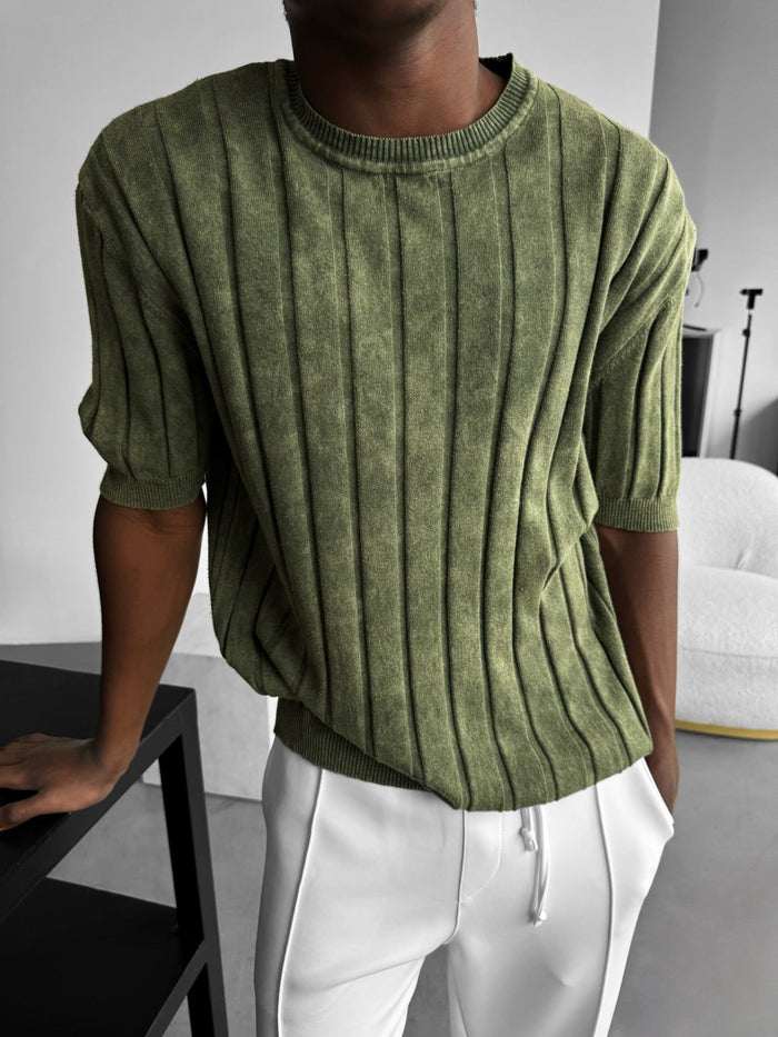 Slim Fit Tvättad Linjer Stickad T-Shirt - Khaki