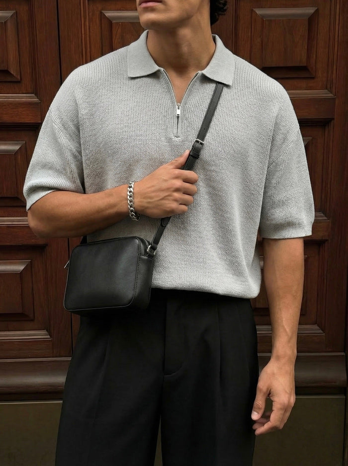 Oversize Dragkedja Stickad Polo T-shirt - Grå