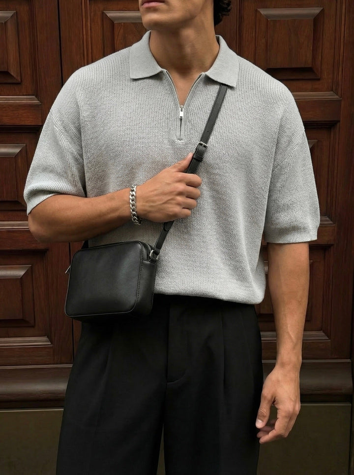Oversize Dragkedja Stickad Polo T-shirt - Grå