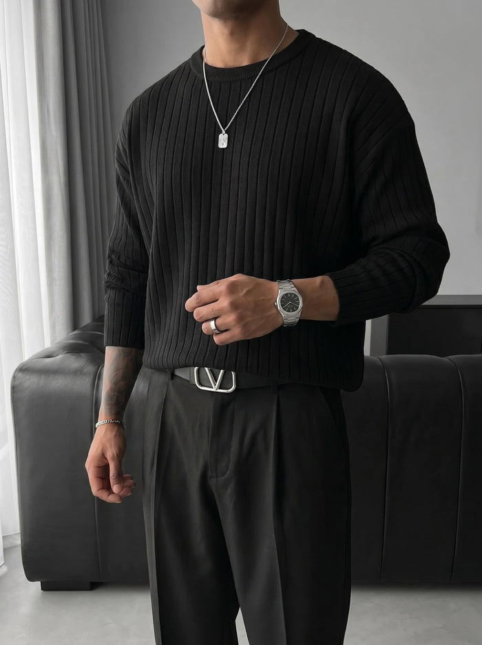 Överdimensionerad Bred Ribbad Långärmad Stickad Sweatshirt - Svart