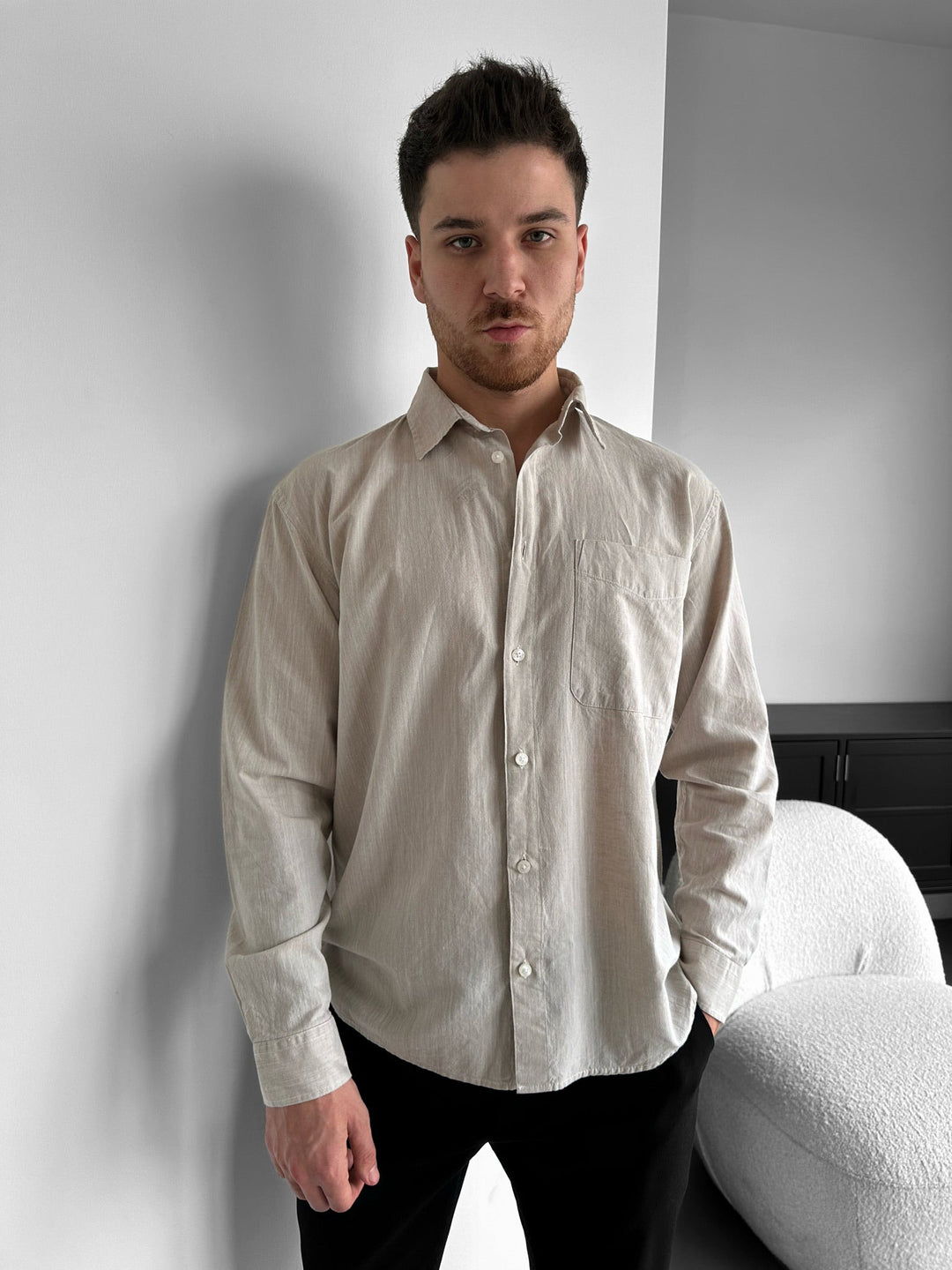 Regular Fit Bomull Pocket Skjorta - Beige