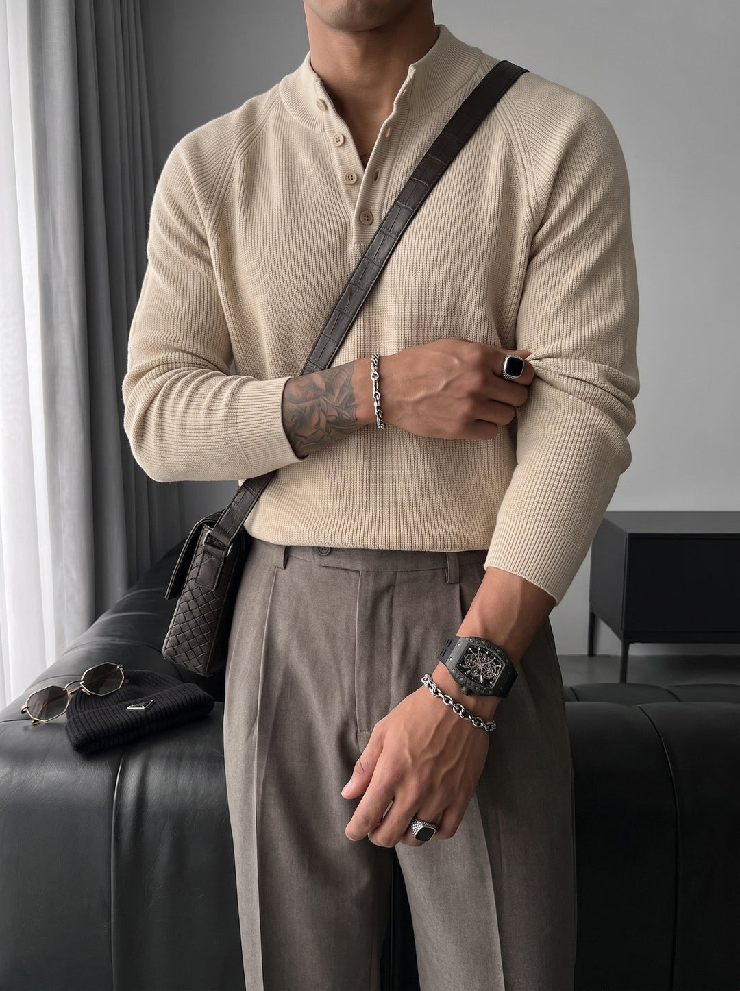 Slim Fit Stickad Tröja - Beige