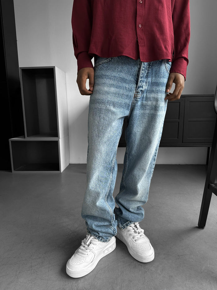 Baggy Fit Tvättade Jeans - Blå