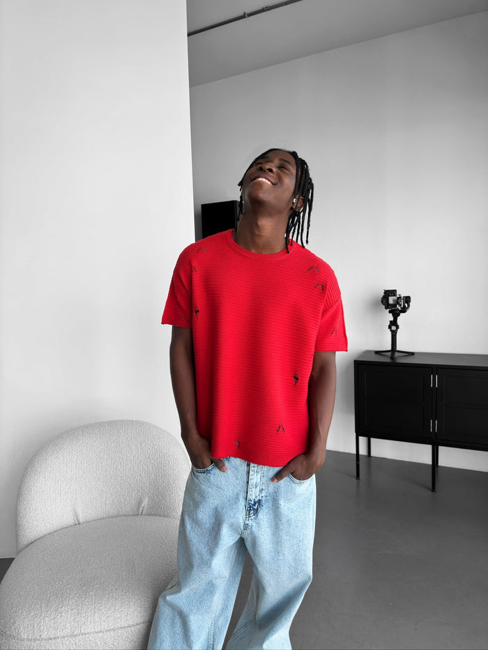 Lös Passform Torn Ribbad T-Shirt - Röd
