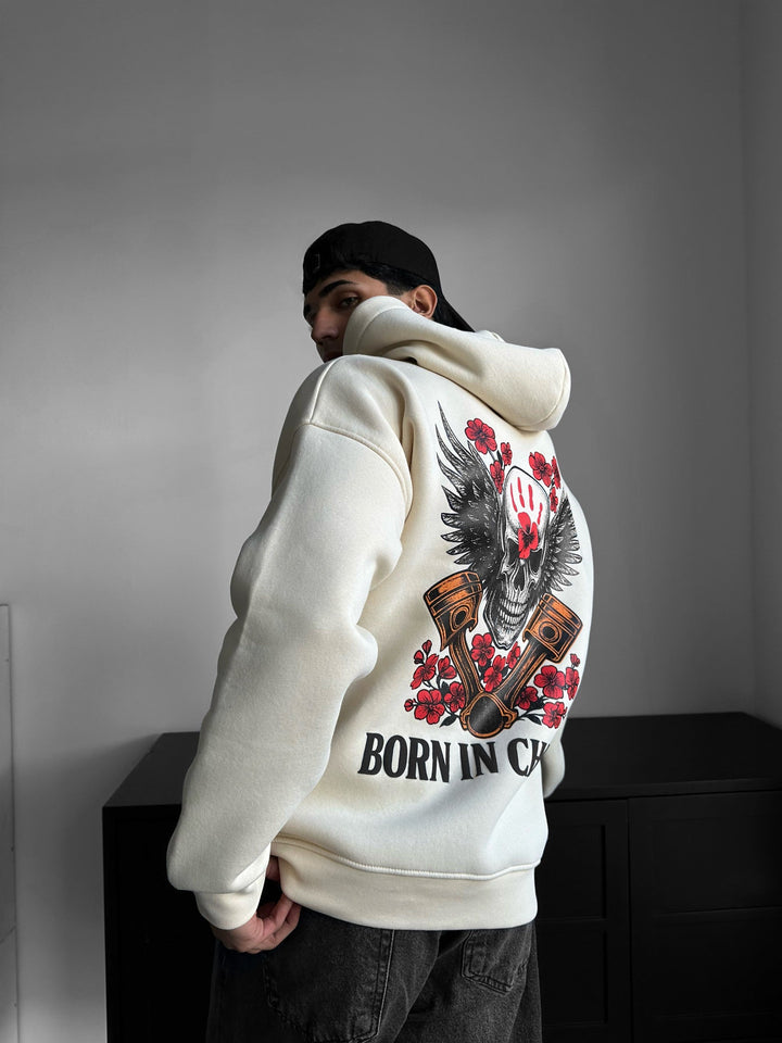 Oversize Skeleton Född i Kaos Hoodie - Antik Vit