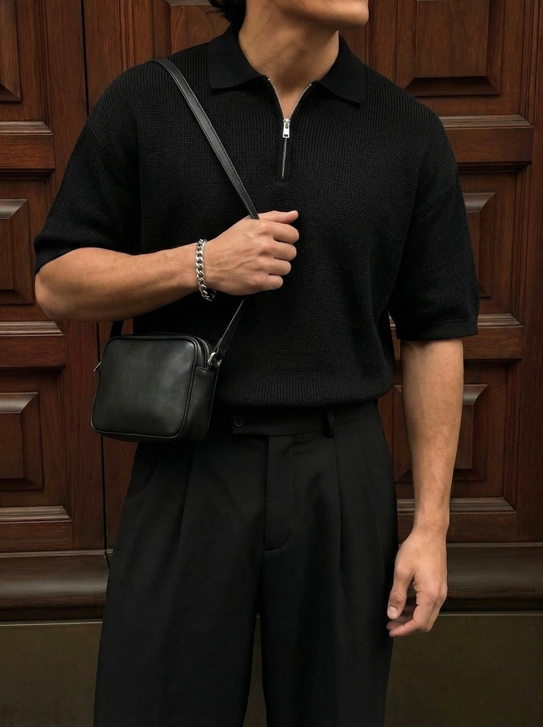 Oversize Dragkedja Stickad Polo T-shirt - Svart