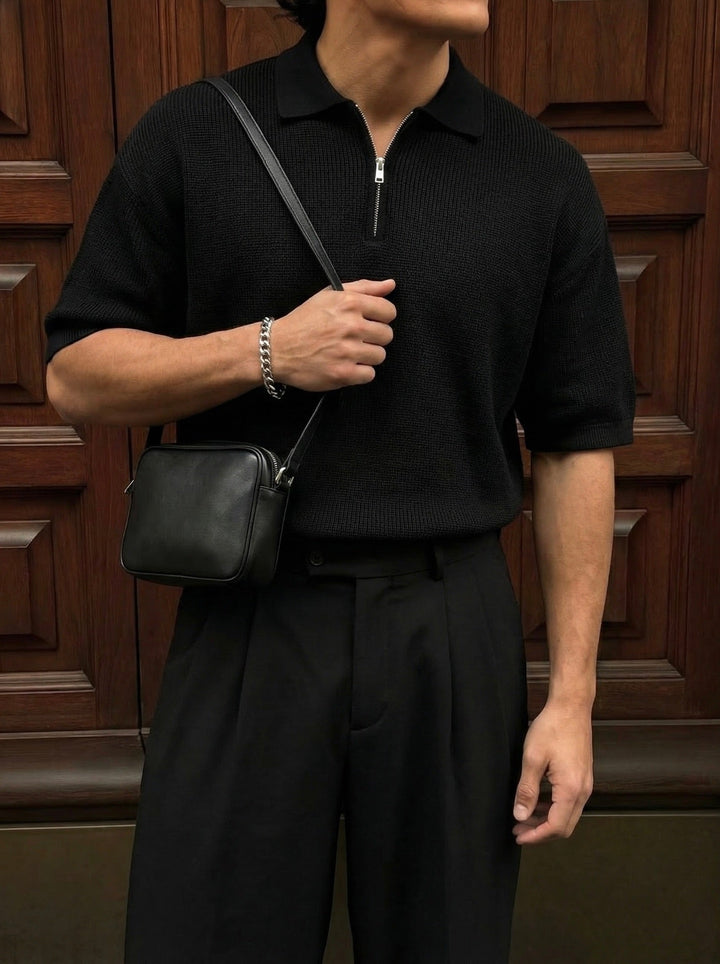 Oversize Dragkedja Stickad Polo T-shirt - Svart
