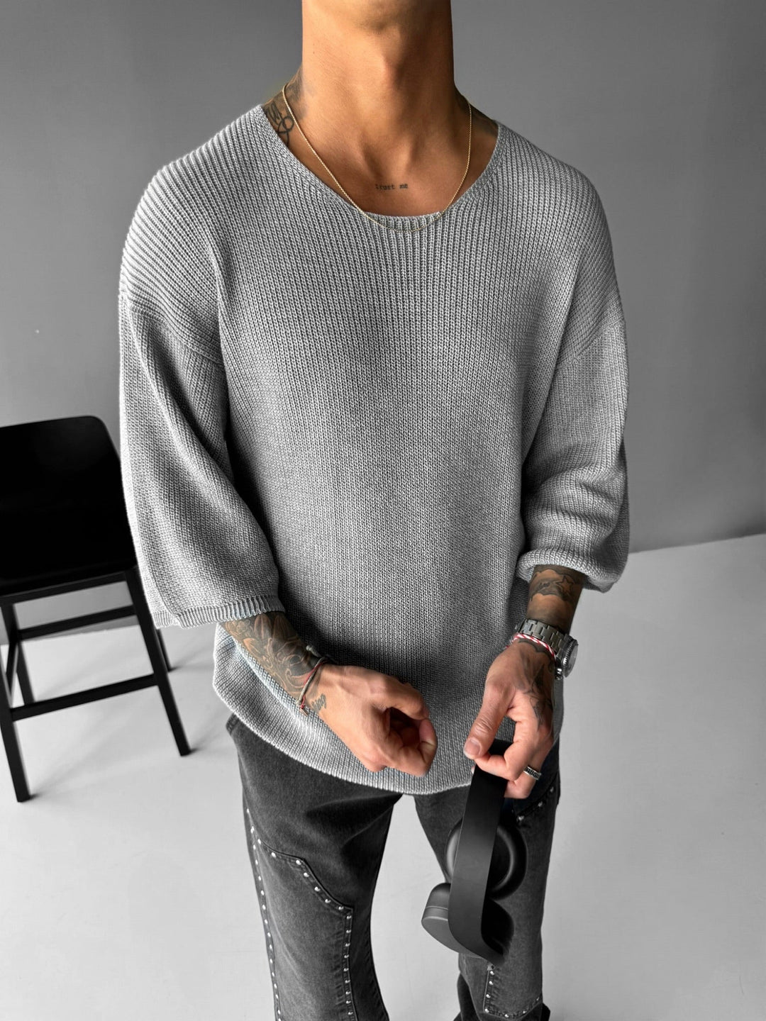 Oversize Lång Stickad T-shirt - Grå