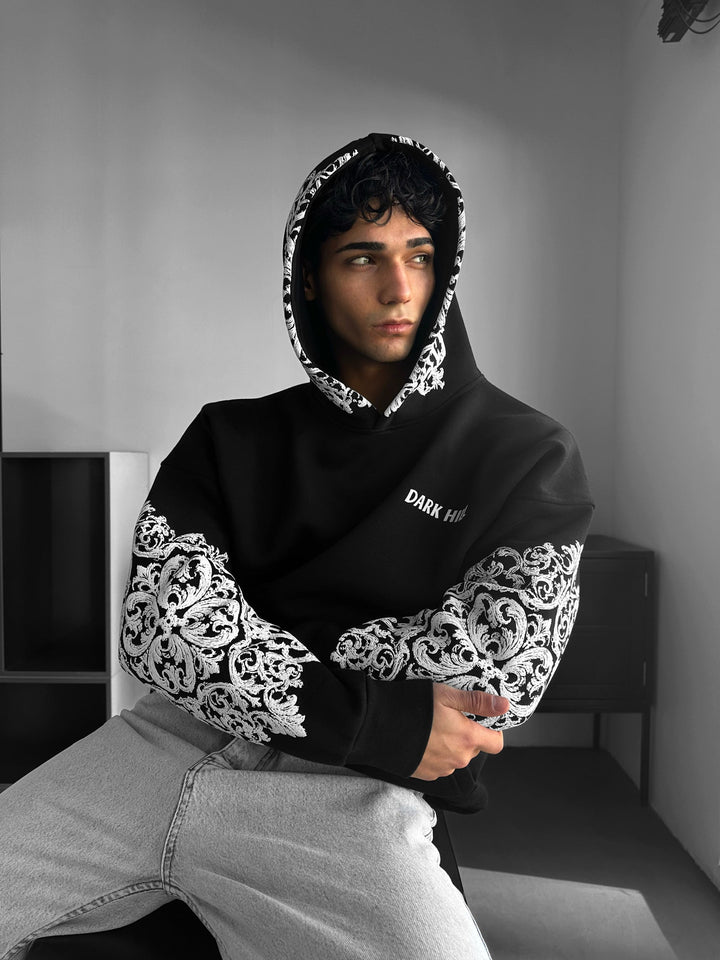 Oversize Matta Mönster Hoodie - Svart och Vit