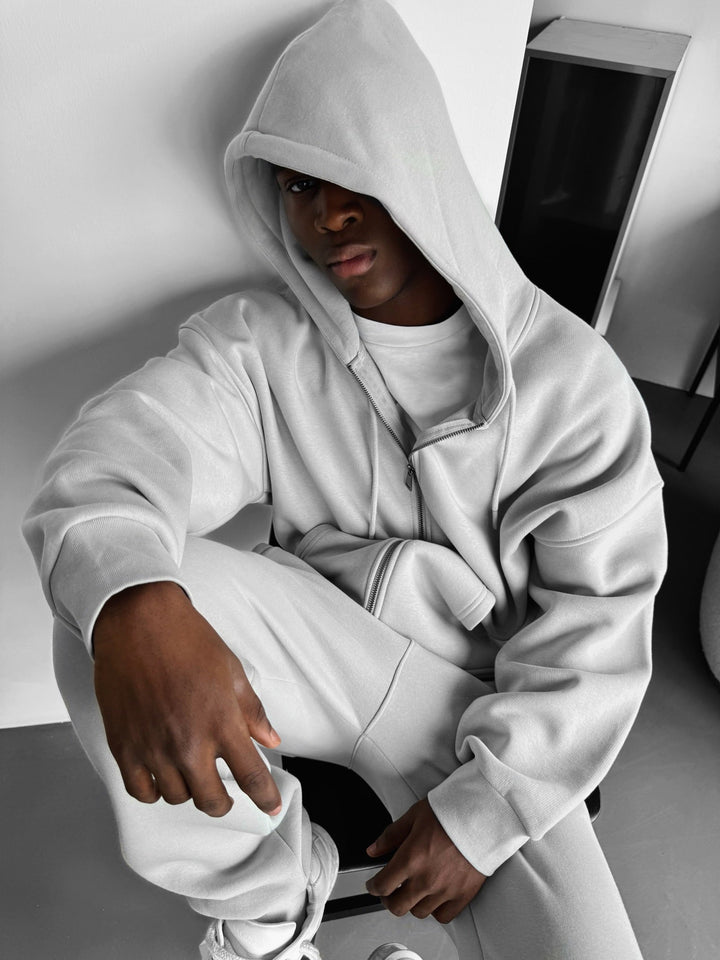 Oversize Basic Dragkedja Hoodie - Grå