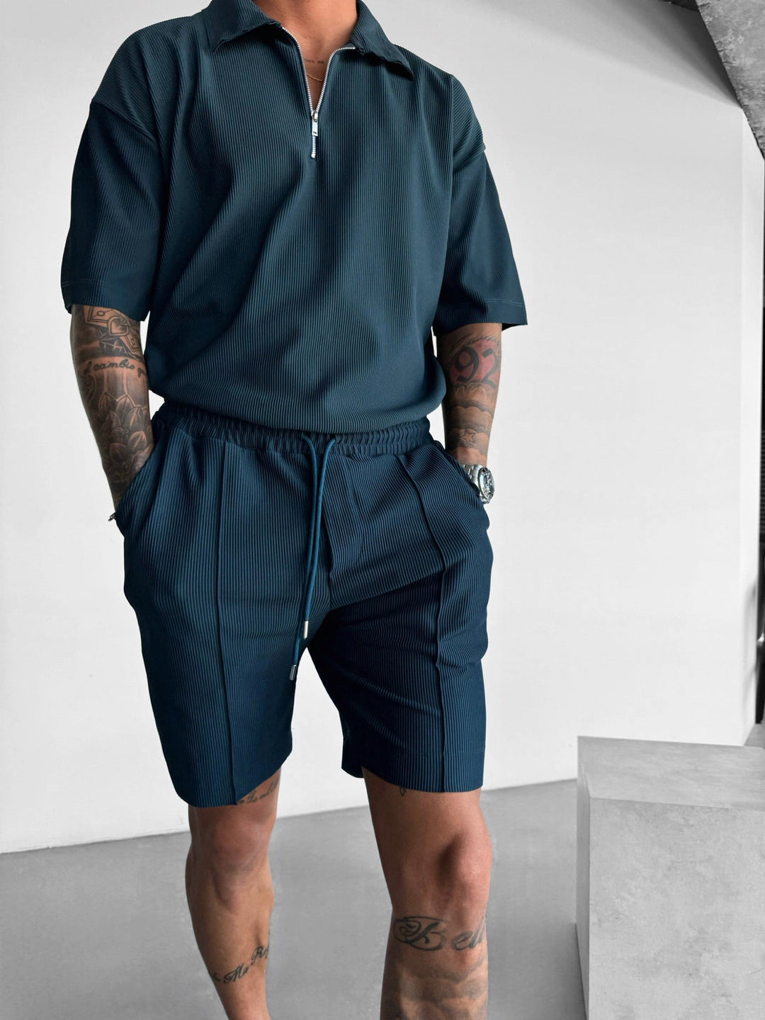 Överdimensionerad Texturerad Dragkedja Polo T-Shirt - Petrol