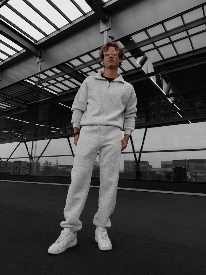 Oversize Halv-Zip Polo Sweatshirt - Ljus Grå Melange
