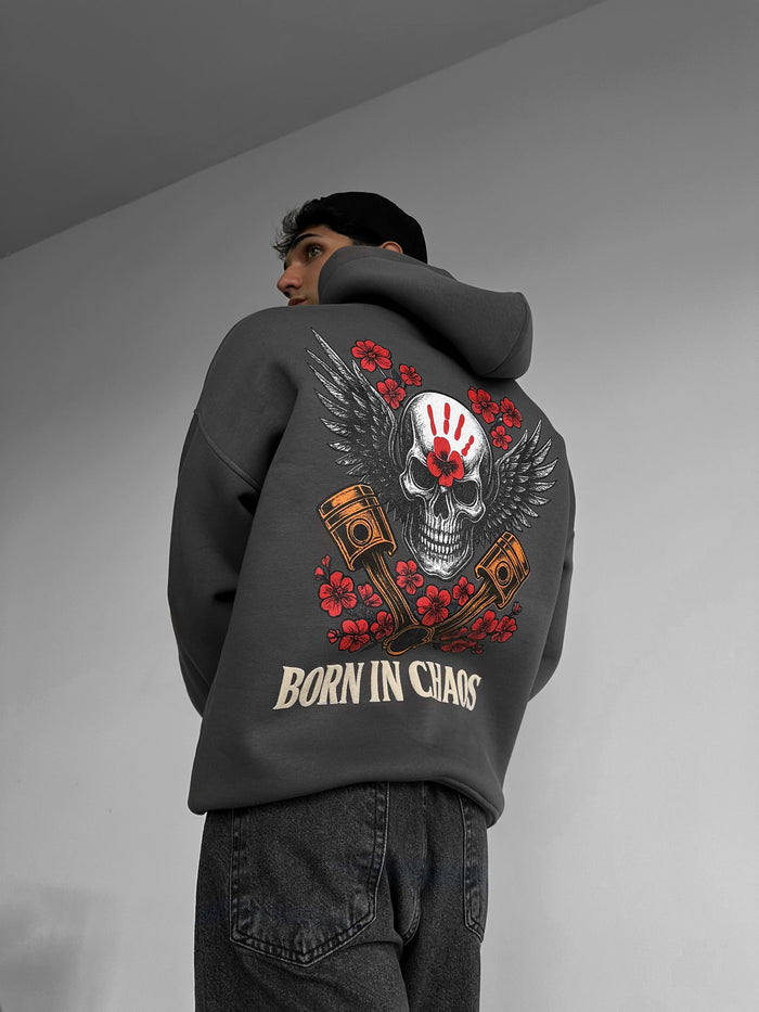 Oversize Skeleton Född i Kaos Hoodie - Antracit